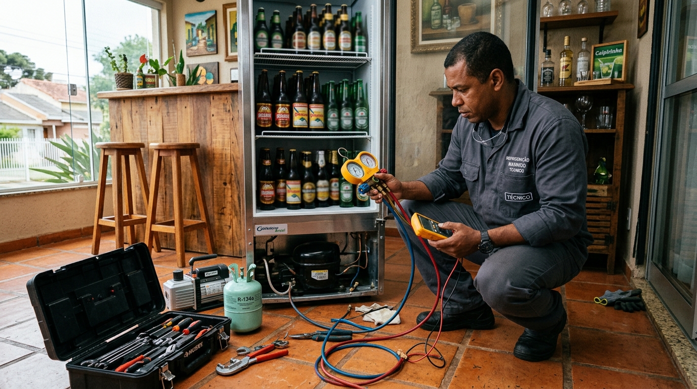 Profissional executando reparo no motor de cervejeira em Guarapari‑ES