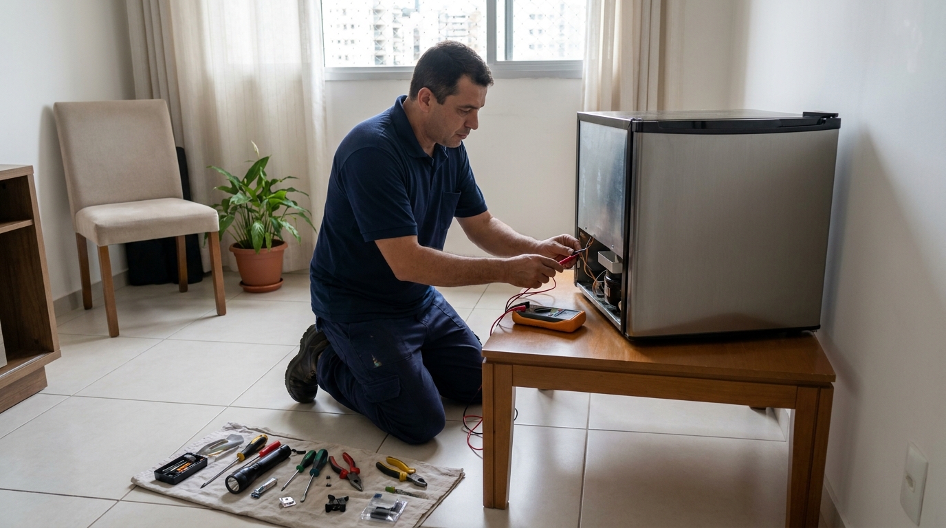 Técnico fazendo manutenção do motor de frigobar em Guarapari‑ES
