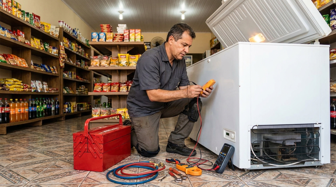 Recarga de gás refrigerante no freezer durante atendimento em Guarapari‑ES